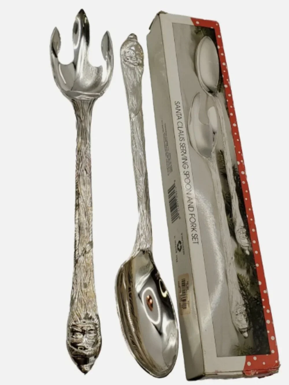 NIB Vintage Christmas Santa Claus Silver Plated Salad Serving Set